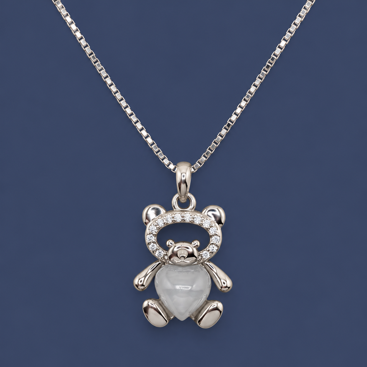 925 Silver Sparkling Teddy Bear Heart Necklace