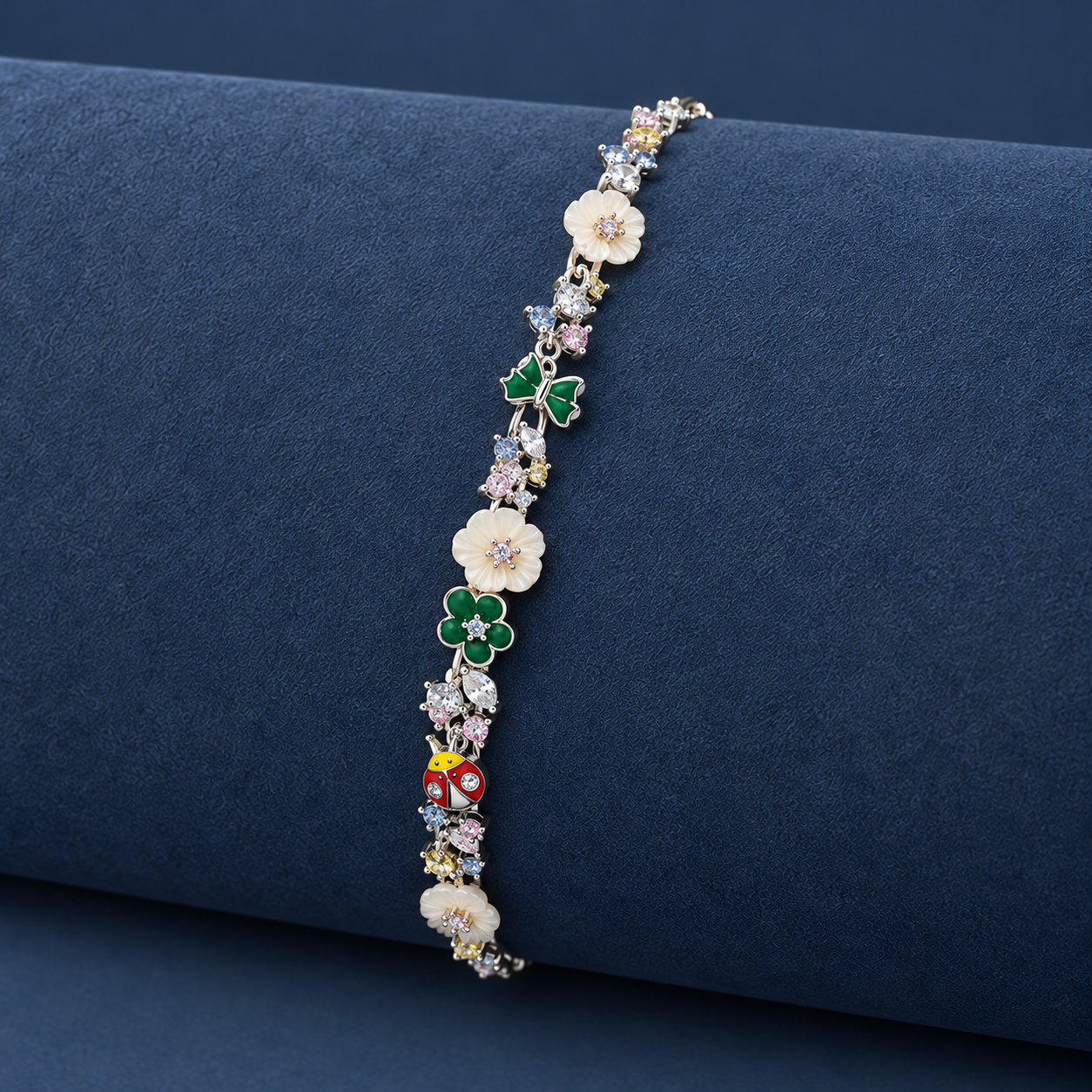925 Silver Colorful Floral Charm Bracelet