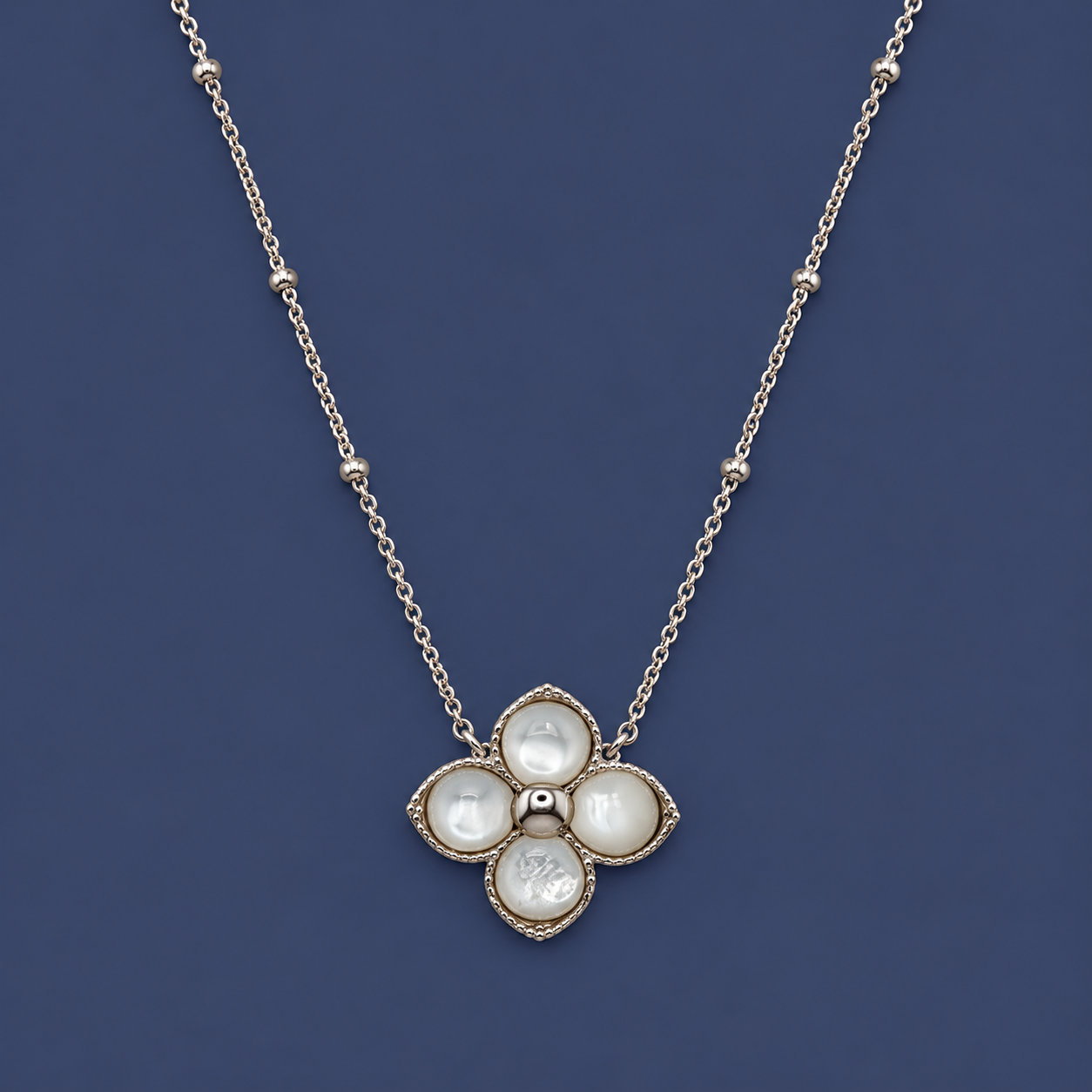 925 Silver Pearl White Four Petal Flower Necklace
