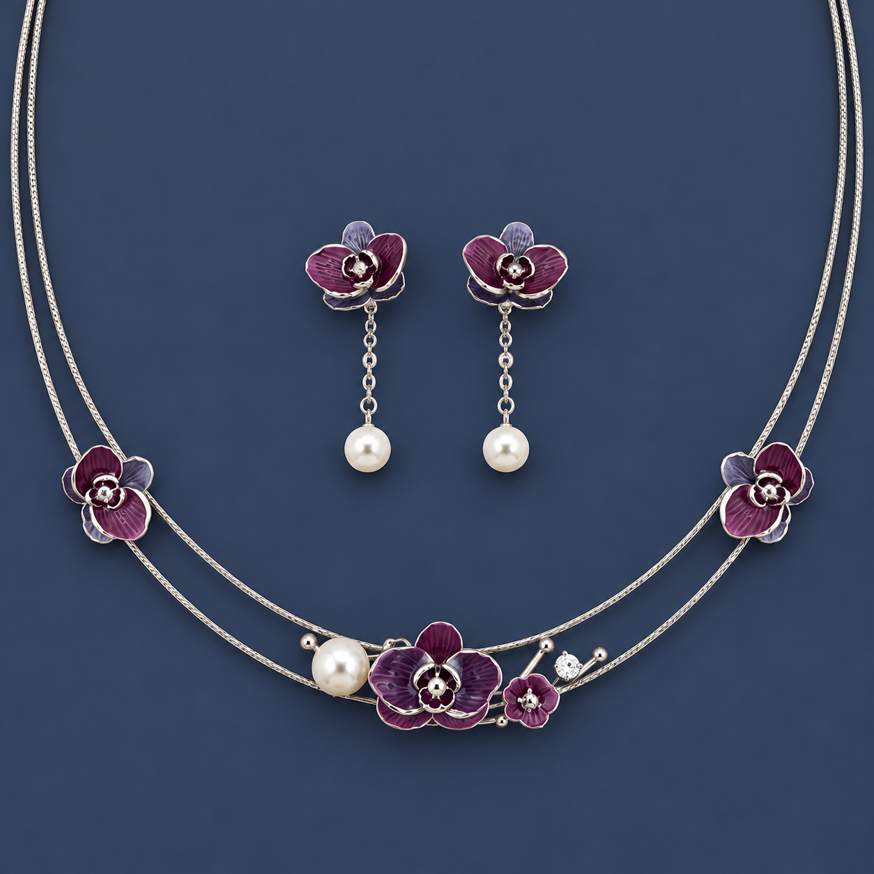 925 Silver Purple Orchid Necklace & Earrings Set