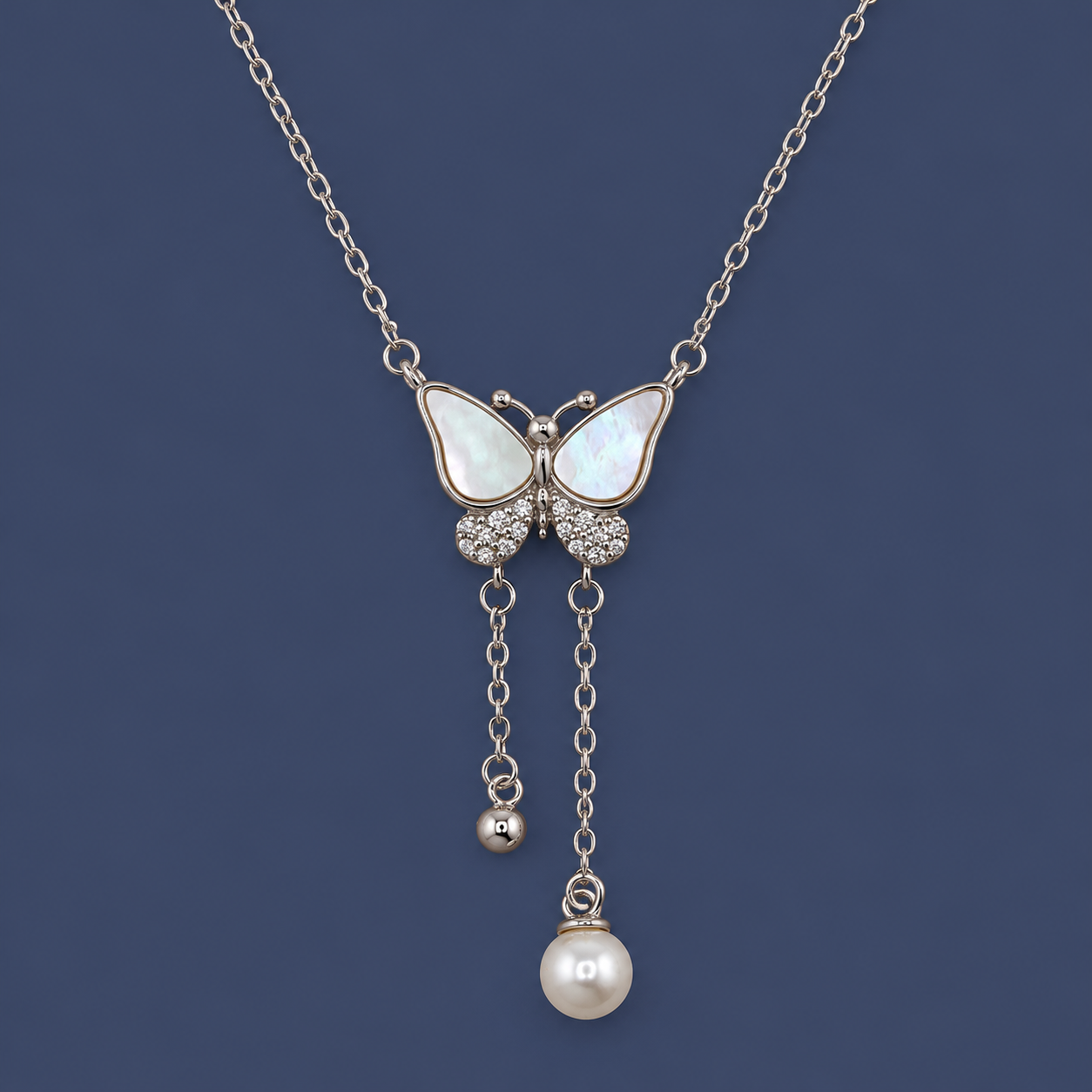 Elegant Silver Butterfly Pearl Drop Chain Pendant Necklace