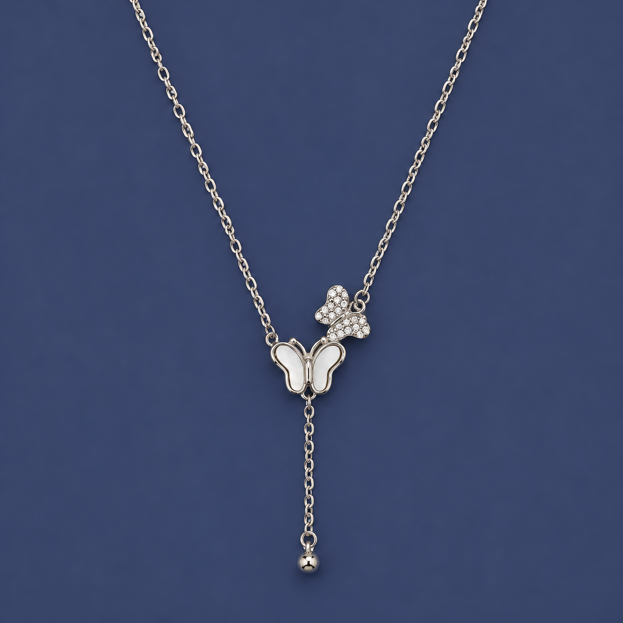 925 Silver Double Butterfly Drop Chain Necklace