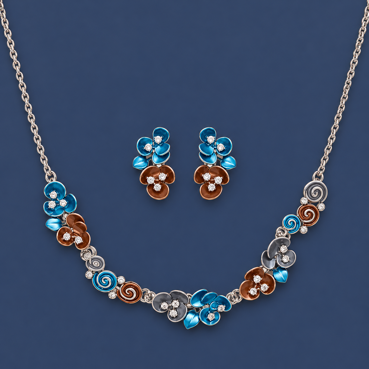 925 Silver Multicolor Floral Necklace & Earrings Set