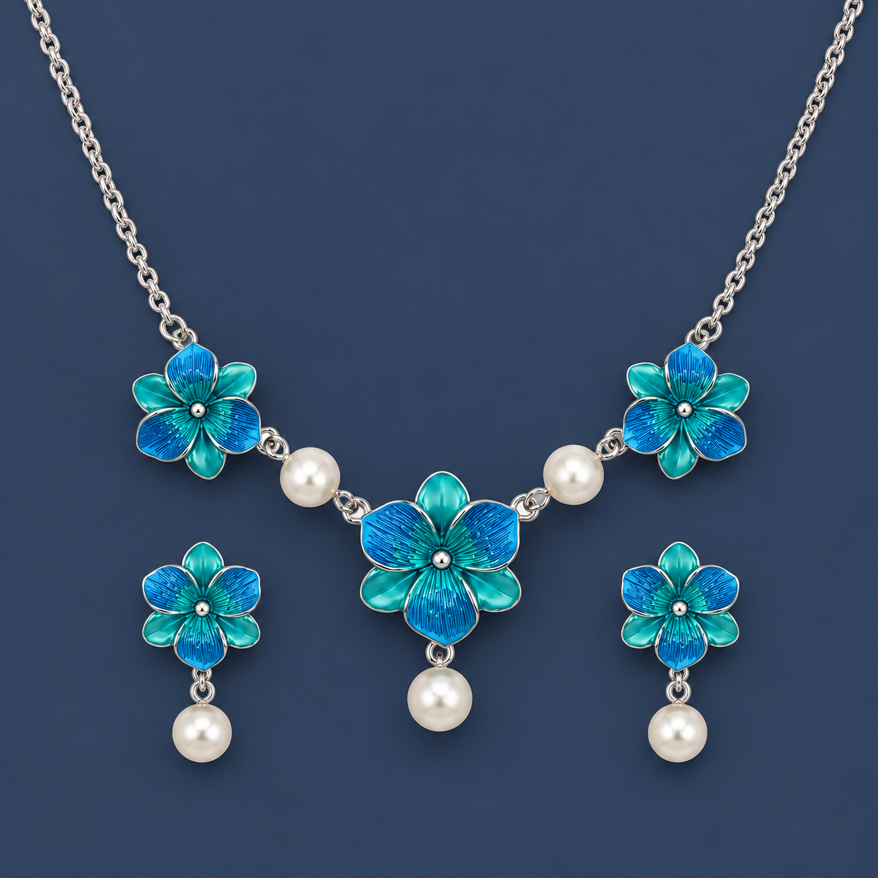 925 Silver Blue Floral Pearl Necklace & Earrings Set