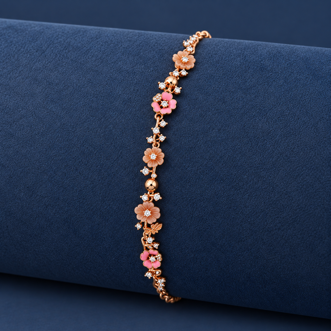 925 Silver Rose Gold Pink Floral Bracelet