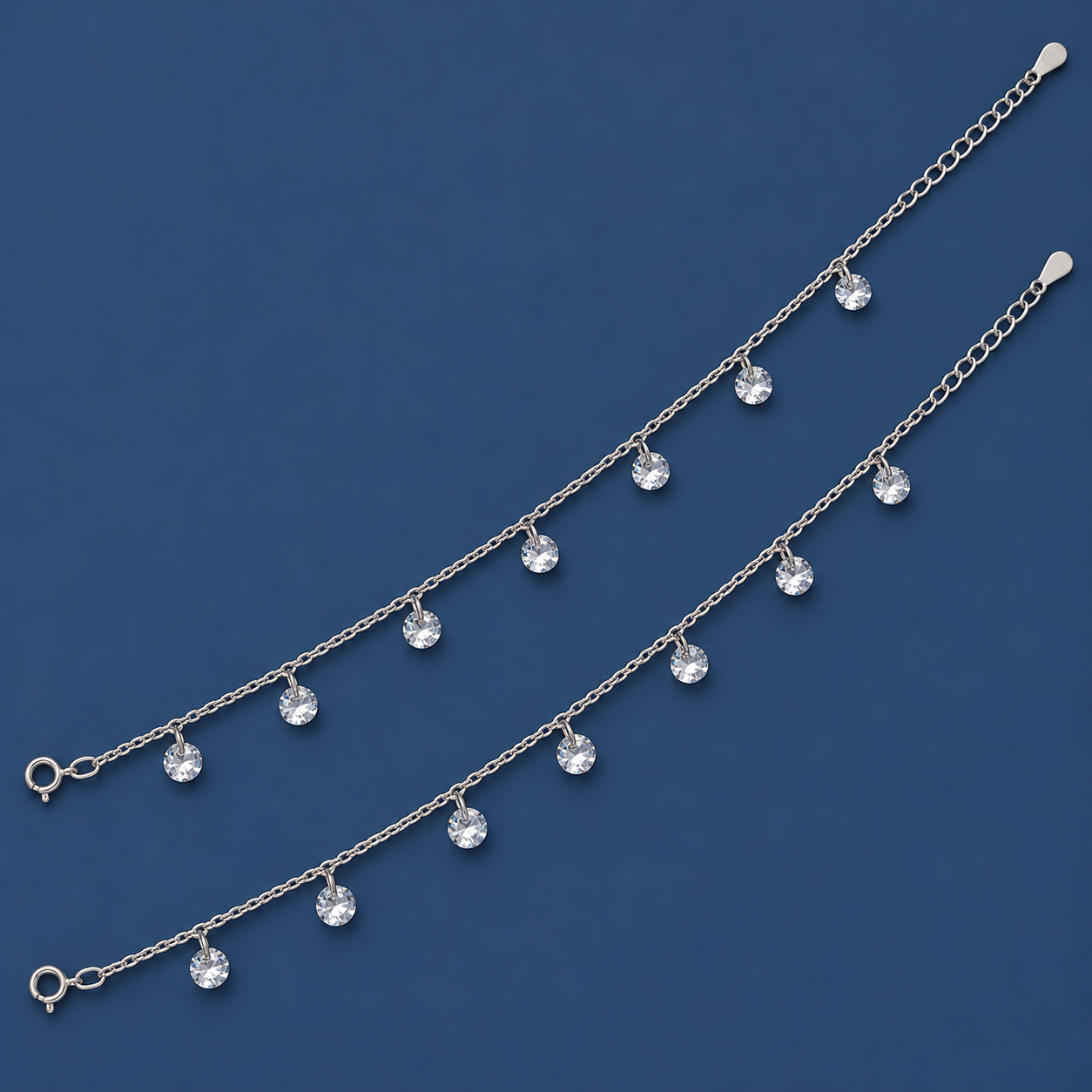 Crystal Drop 925 Silver Anklet Pair