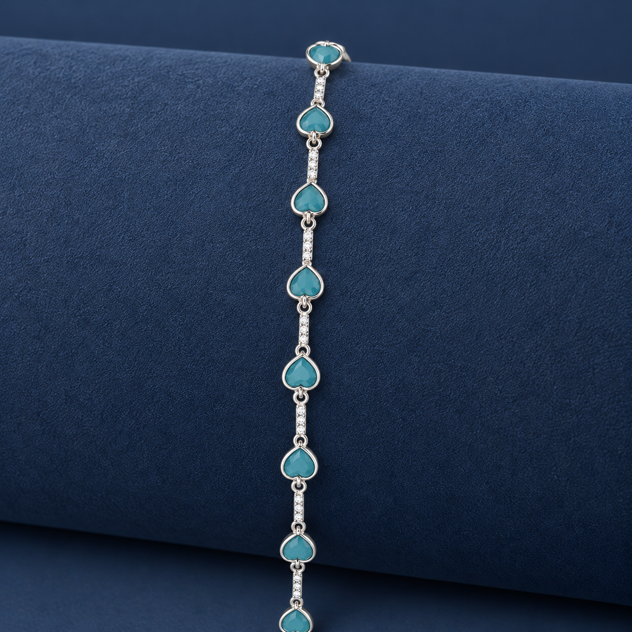 925 Silver Teal Blue Heart Link Bracelet