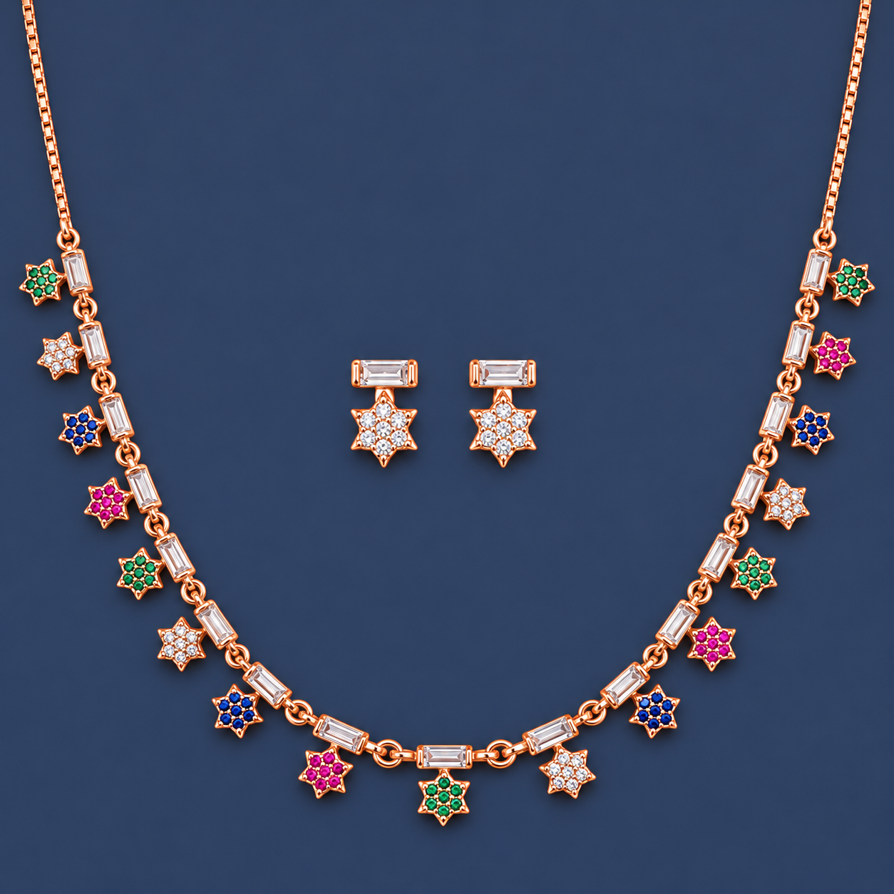 925 Silver Multicolor Star Charm Necklace & Earrings Set