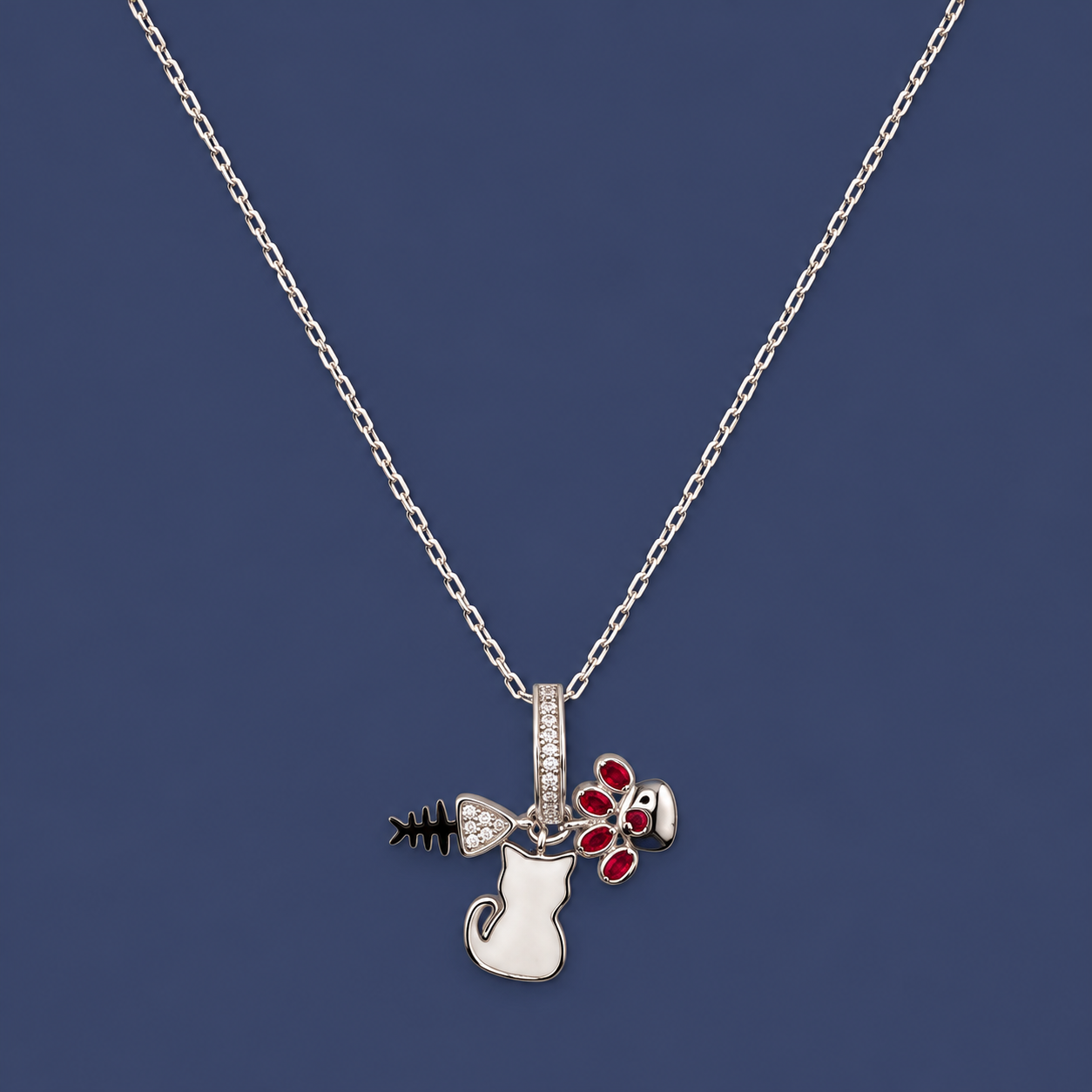 Elegant Silver Cat & Fishbone Charm Pendant Necklace with Red Stones