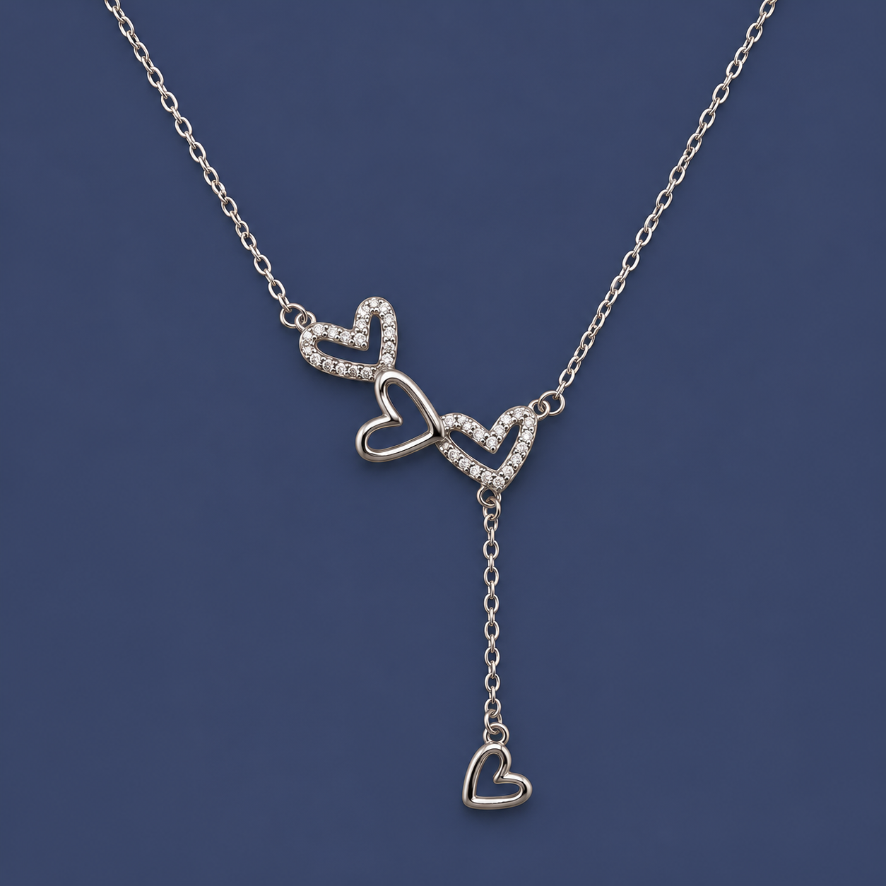 Elegant Silver Triple Heart Drop Pendant Necklace