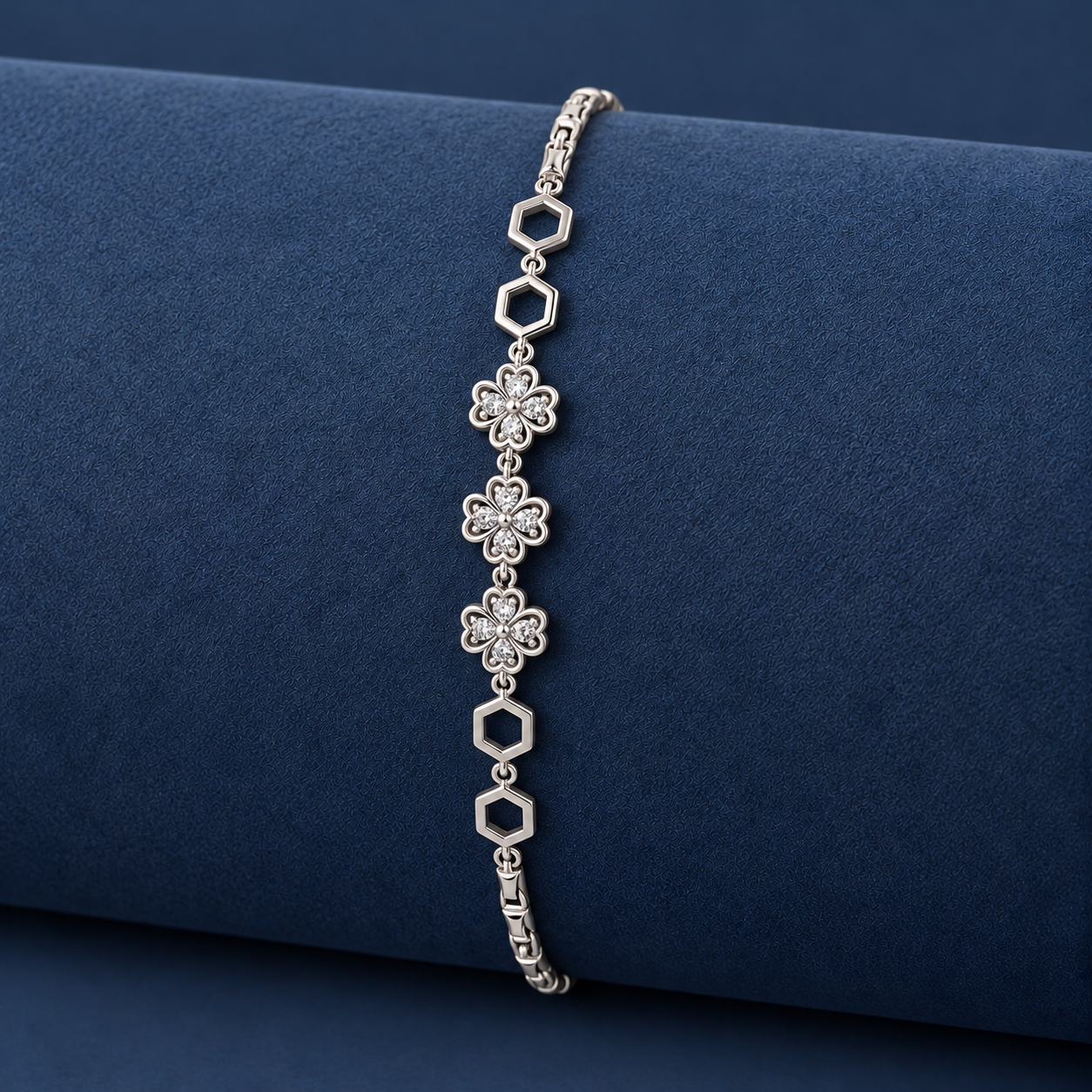 925 Silver Triple Floral Hexagon Link Bracelet