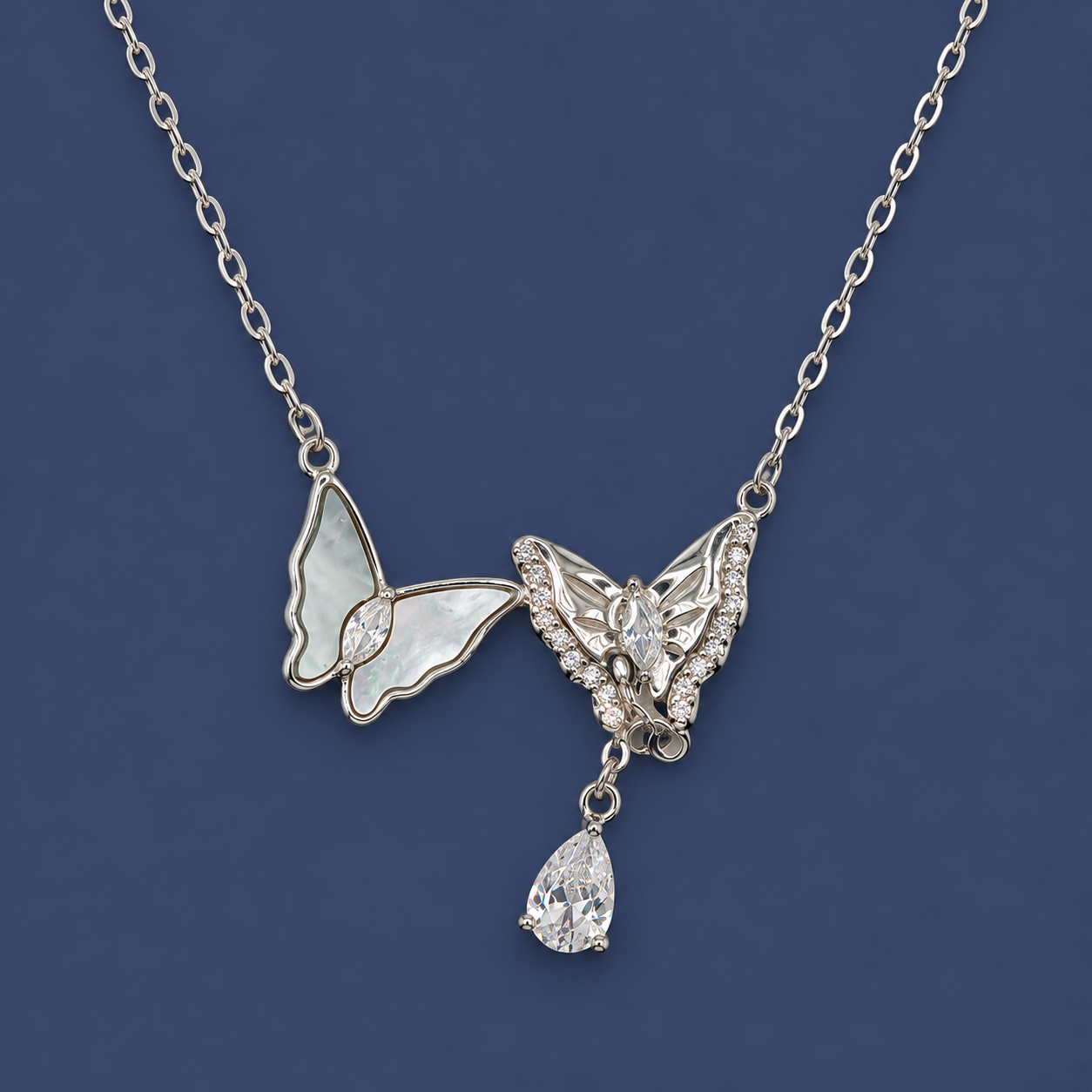 925 Silver Twin Butterfly Teardrop Necklace