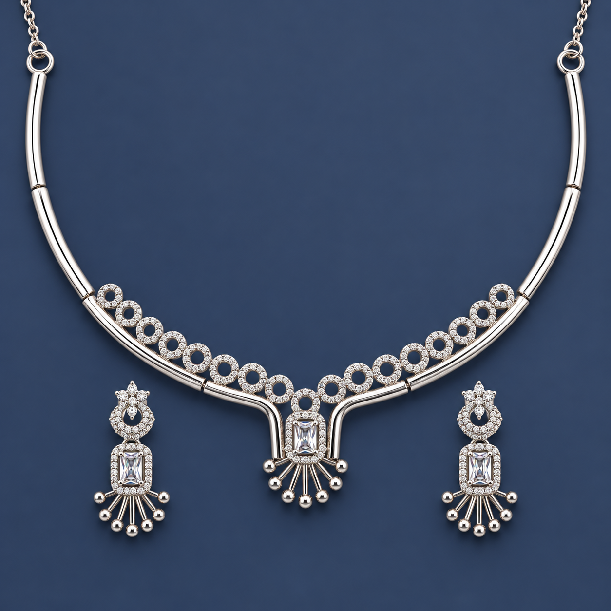 925 Silver Sparkling Circle & Tassel Necklace Set