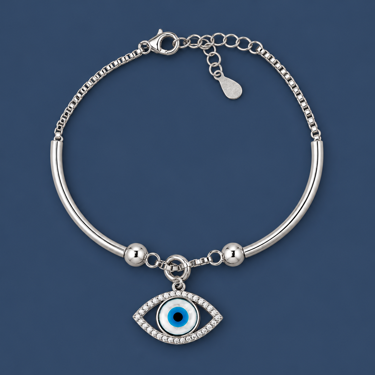 Blue Evil Eye Pendant 925 Silver Kada Bracelet