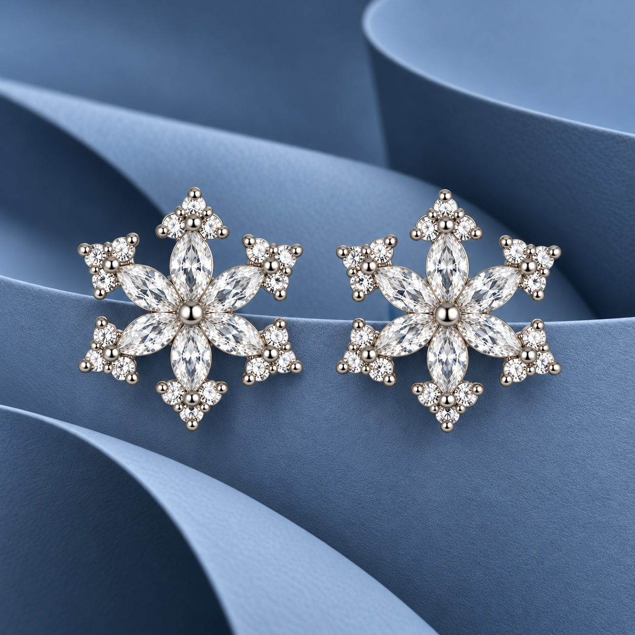 Elegant Six Petal Floral 925 Sterling Silver Stud Earrings