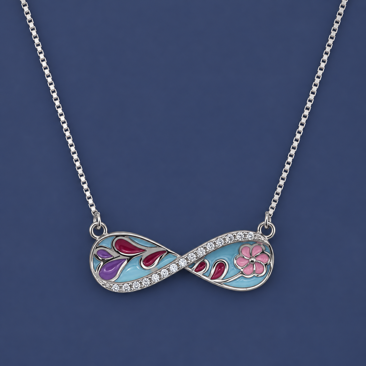 Elegant Silver Infinity Floral Enamel Chain Pendant Necklace