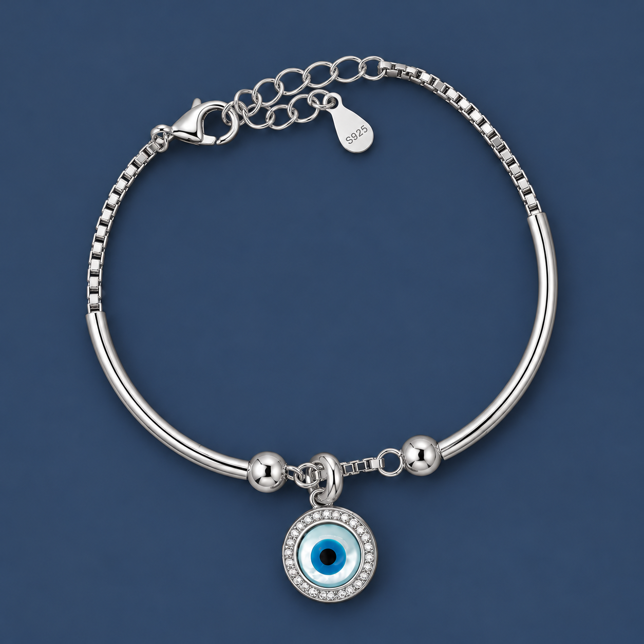Round Blue Evil Eye 925 Silver Kada Bracelet