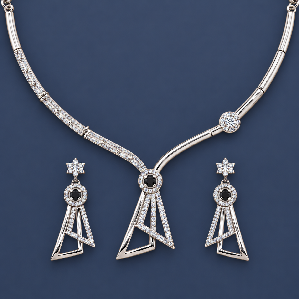 925 Silver Black Stone Geometric Necklace Set