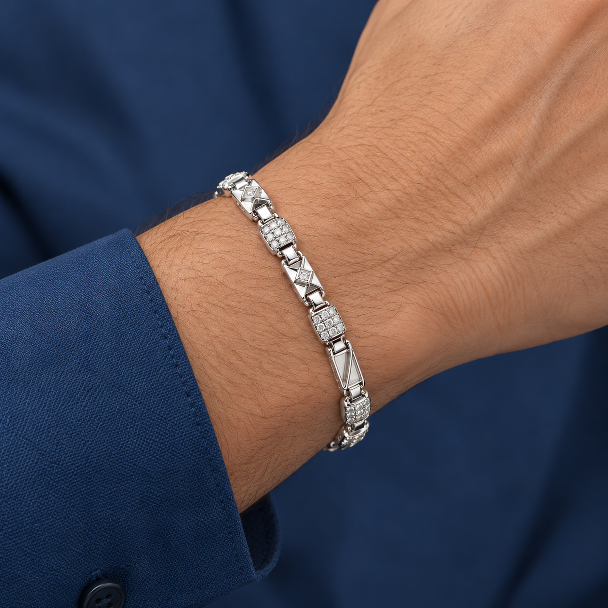 Royal Geometric White Stone 925 Sterling Silver Men's Link Bracelet