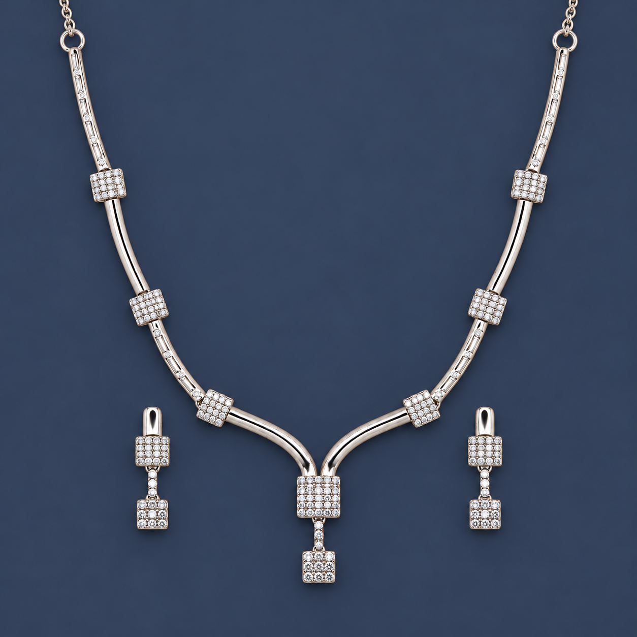 925 Silver Sparkling Square Drop Necklace & Earrings Set