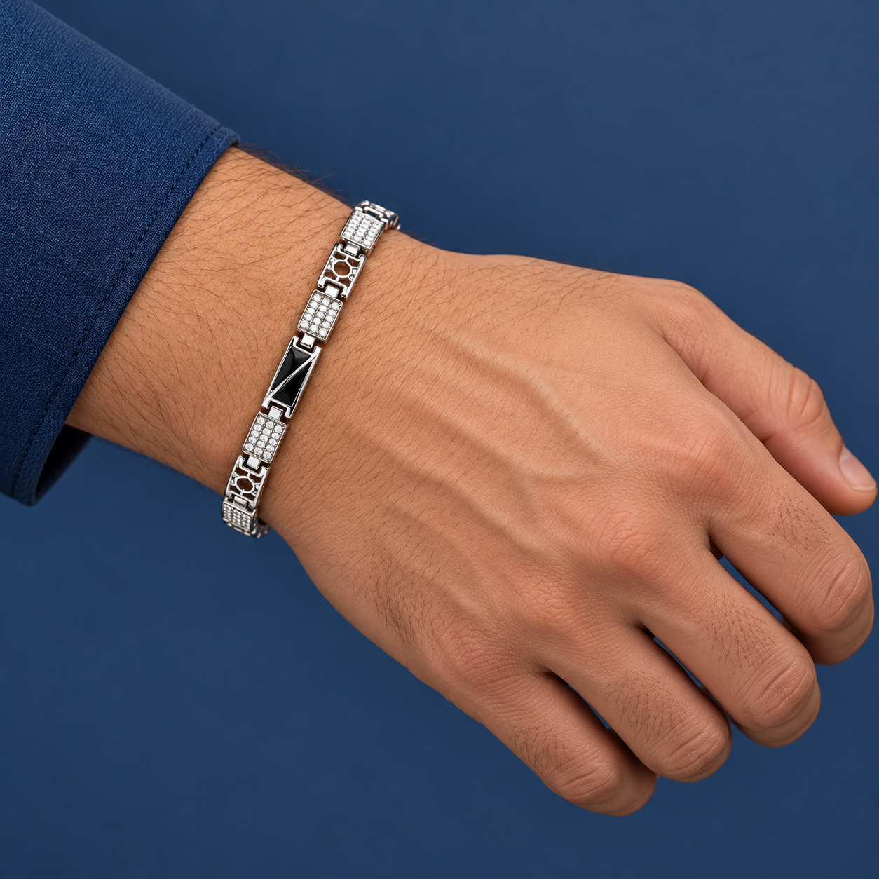 Royal Black Accent & White Stone 925 Sterling Silver Men's Designer Link Bracelet