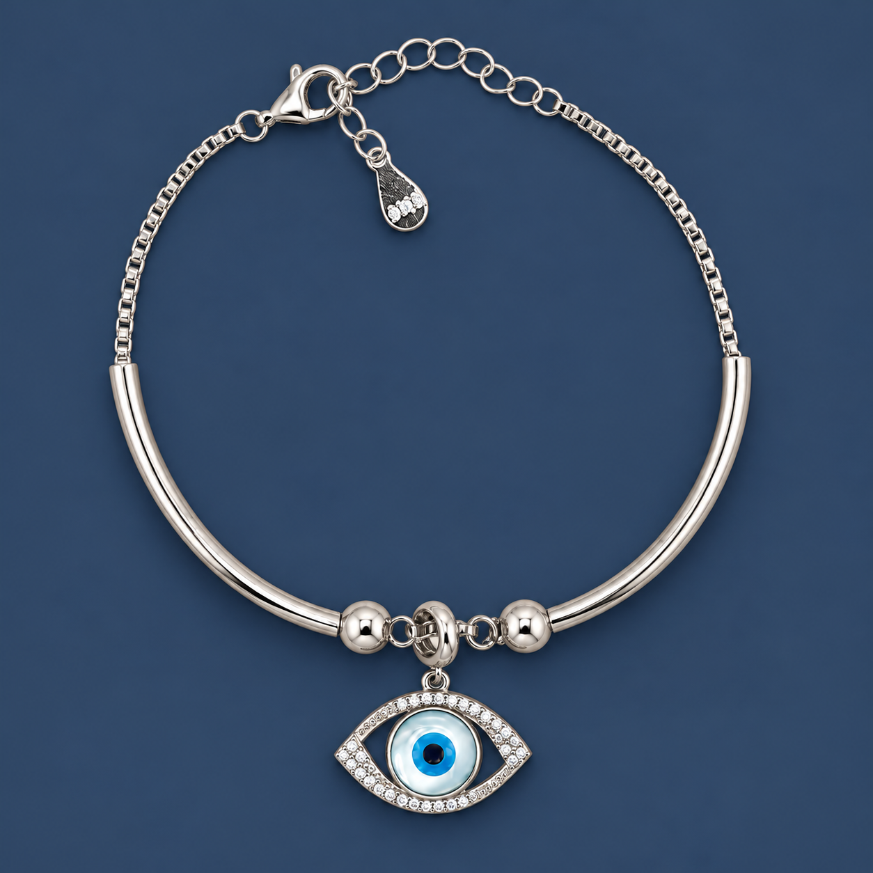 Sparkling Blue Evil Eye 925 Silver Kada Bracelet