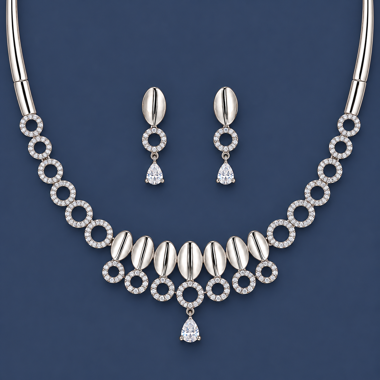925 Silver Oval Halo Teardrop Necklace Set