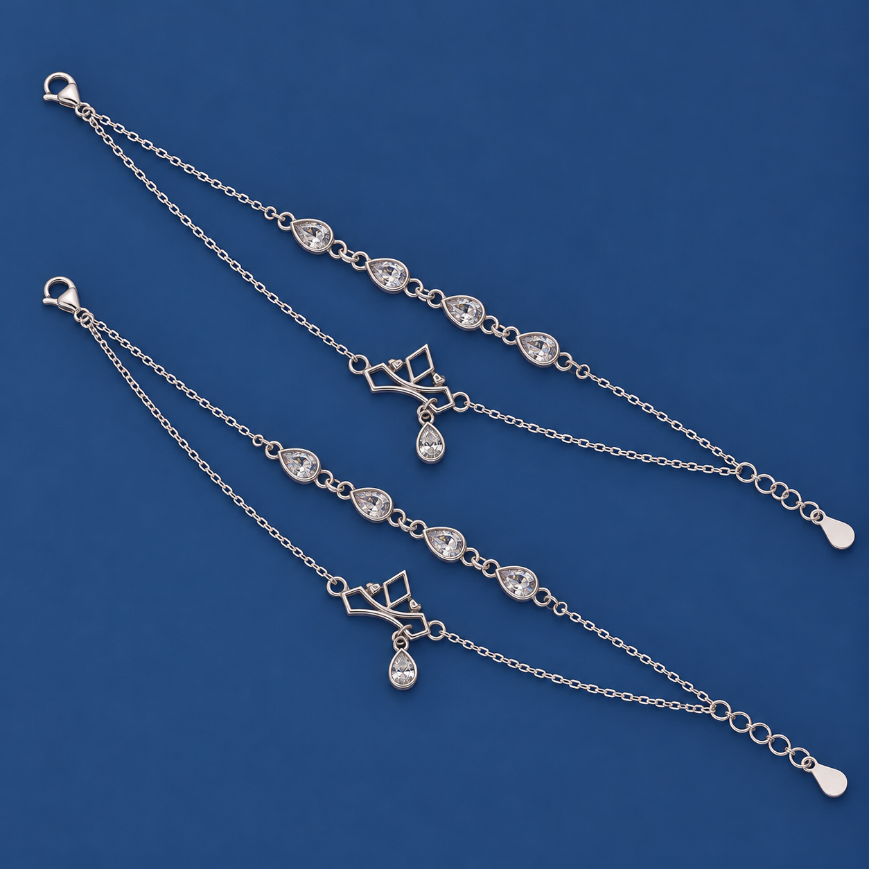 Crystal Drop 925 Silver Anklet Pair