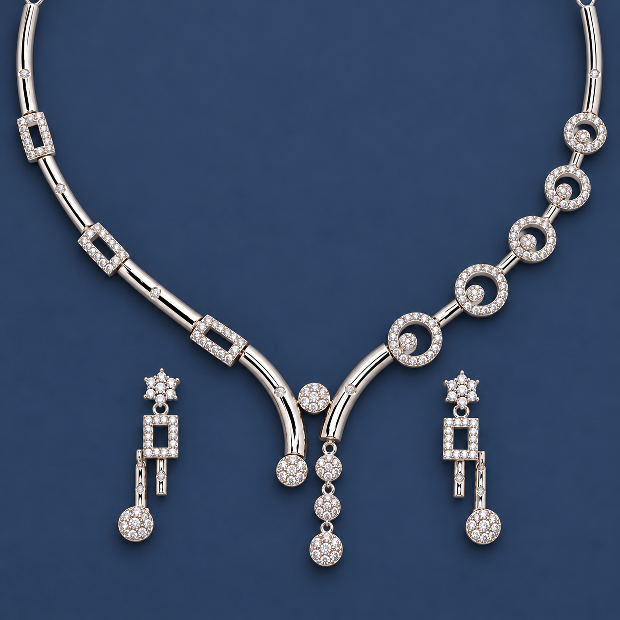 925 Silver Geometric Circle Necklace & Earrings Set