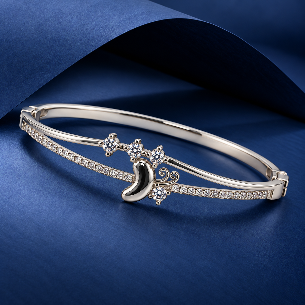 925 Sterling Silver Nazariya Crescent Motif CZ Bracelet Kada