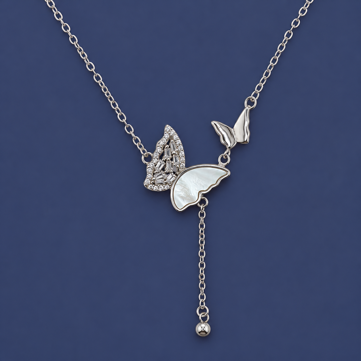 Silver Butterfly Charm Mother of Pearl Drop Chain Pendant Necklace