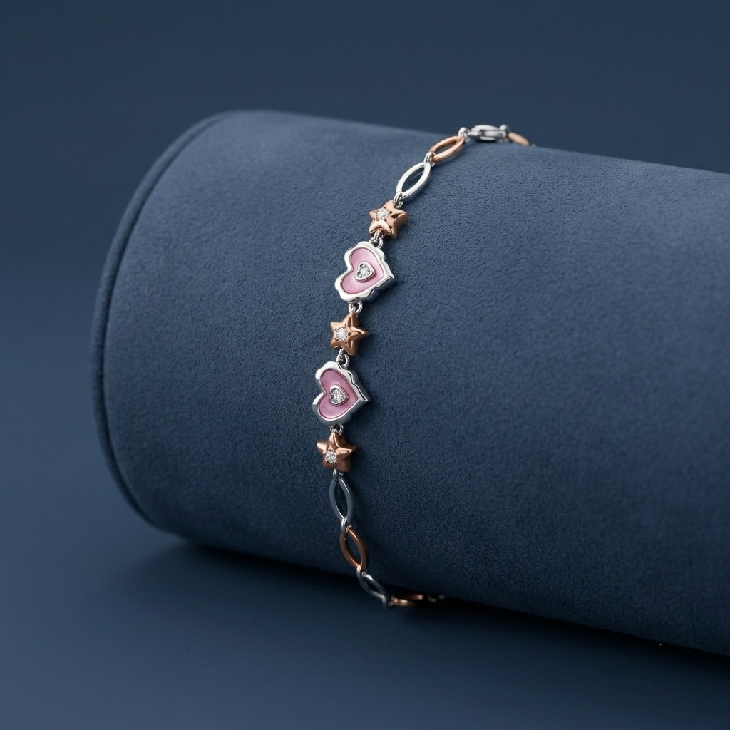 925 Silver Pink Heart & Star Charm Bracelet