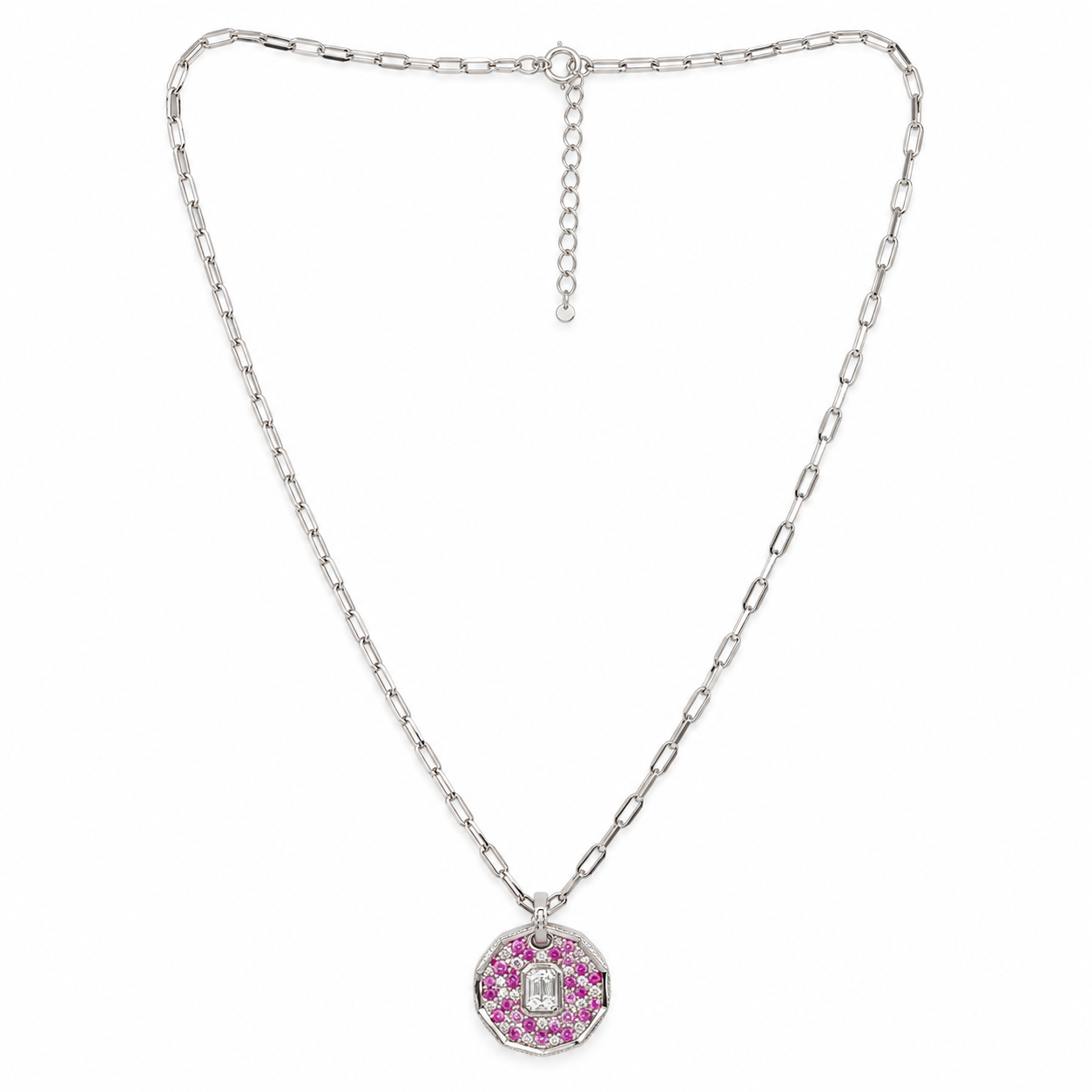 925 Silver Pink Stone Octagon Pendant Necklace