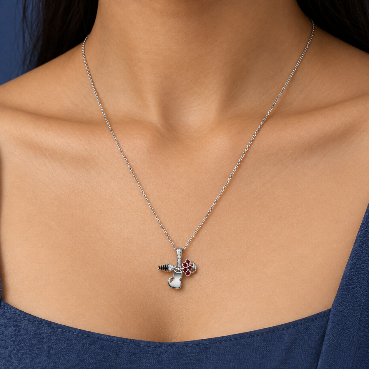 Elegant Silver Cat & Fishbone Charm Pendant Necklace with Red Stones