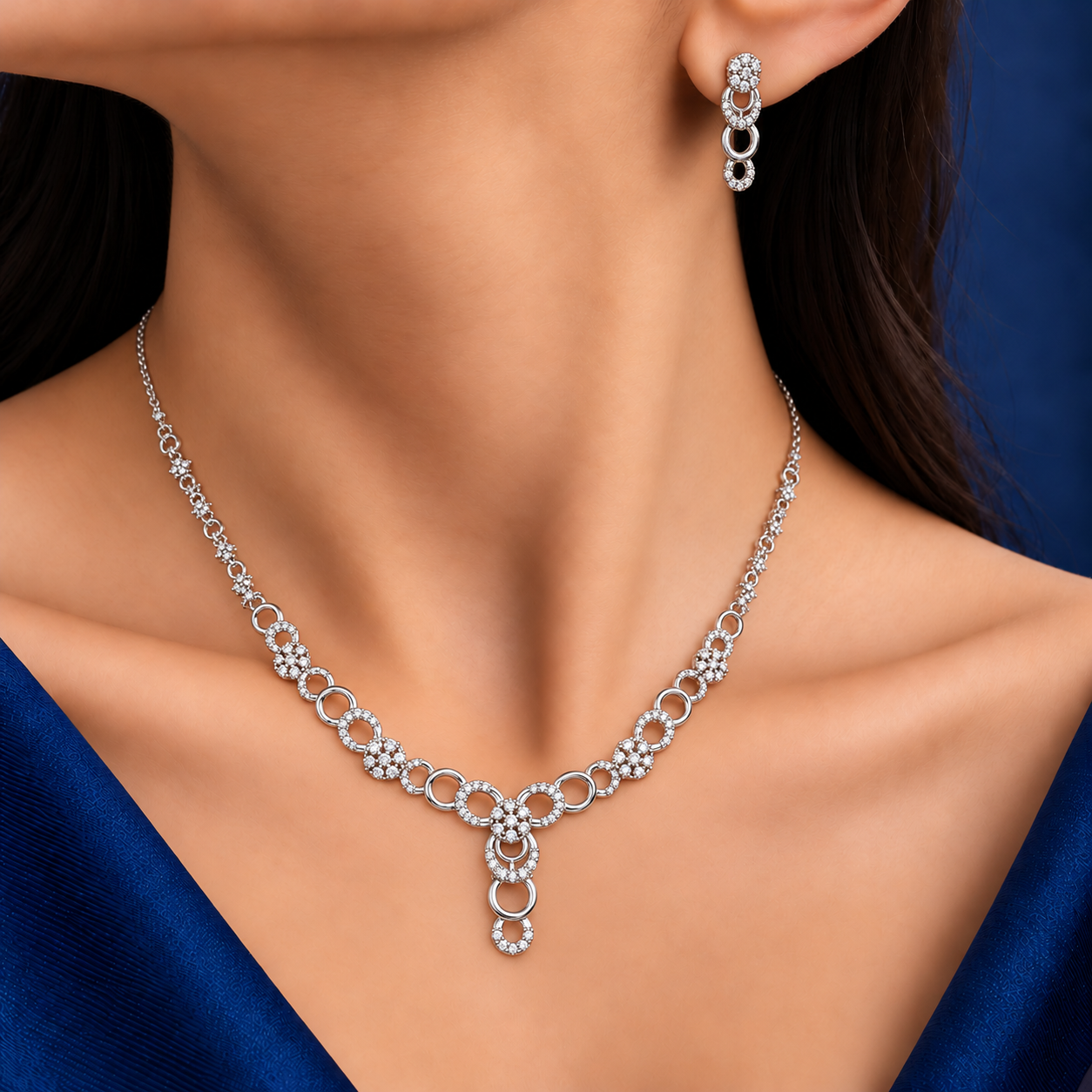 925 Silver Sparkling Circle Drop Necklace & Earrings Set