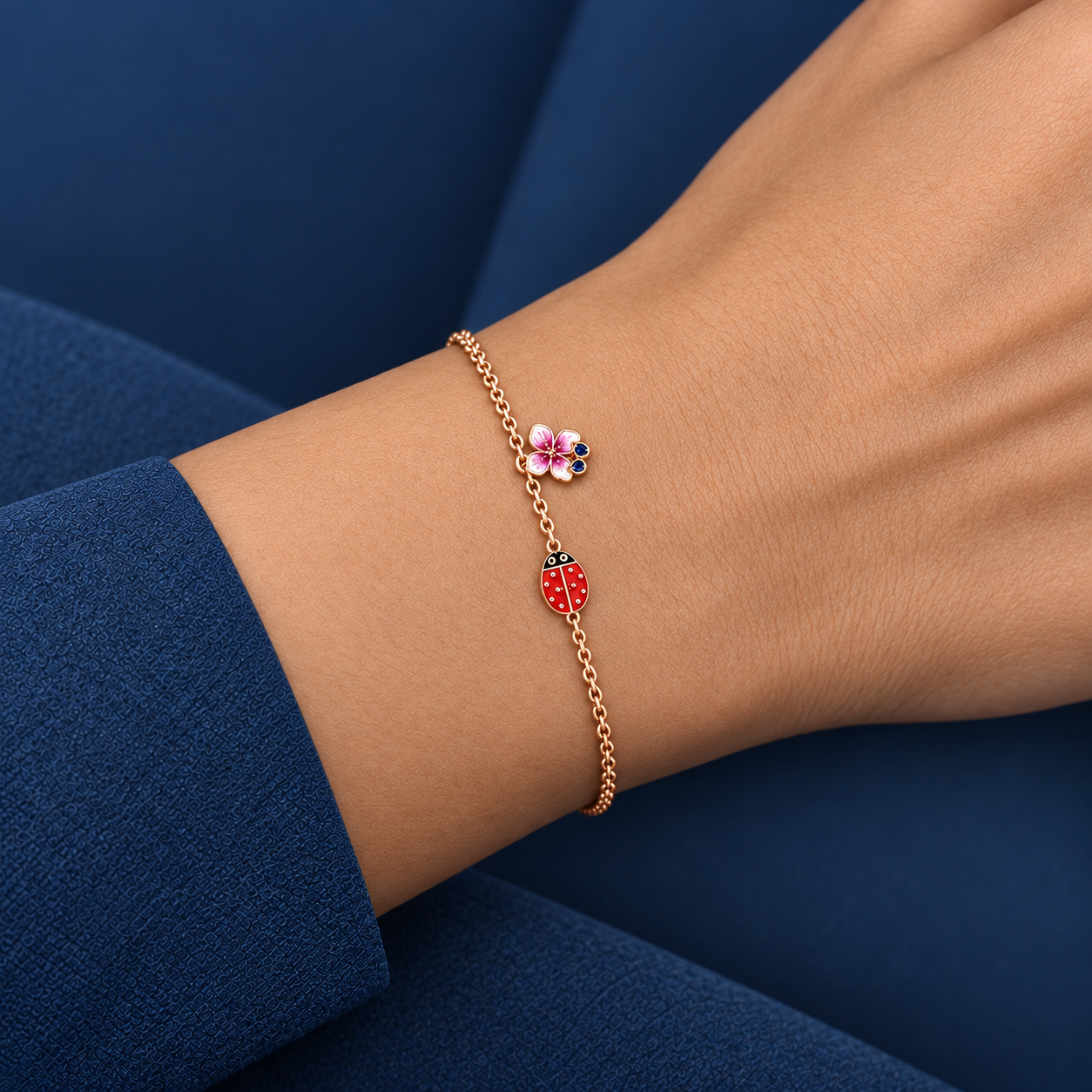 925 Silver Rose Gold Ladybug Charm Bracelet