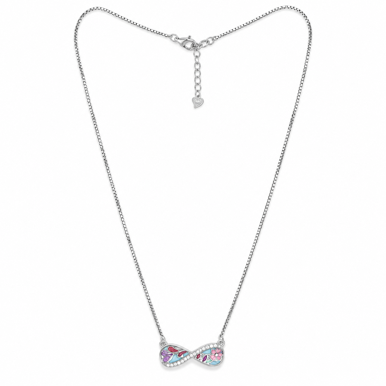 Elegant Silver Infinity Floral Enamel Chain Pendant Necklace
