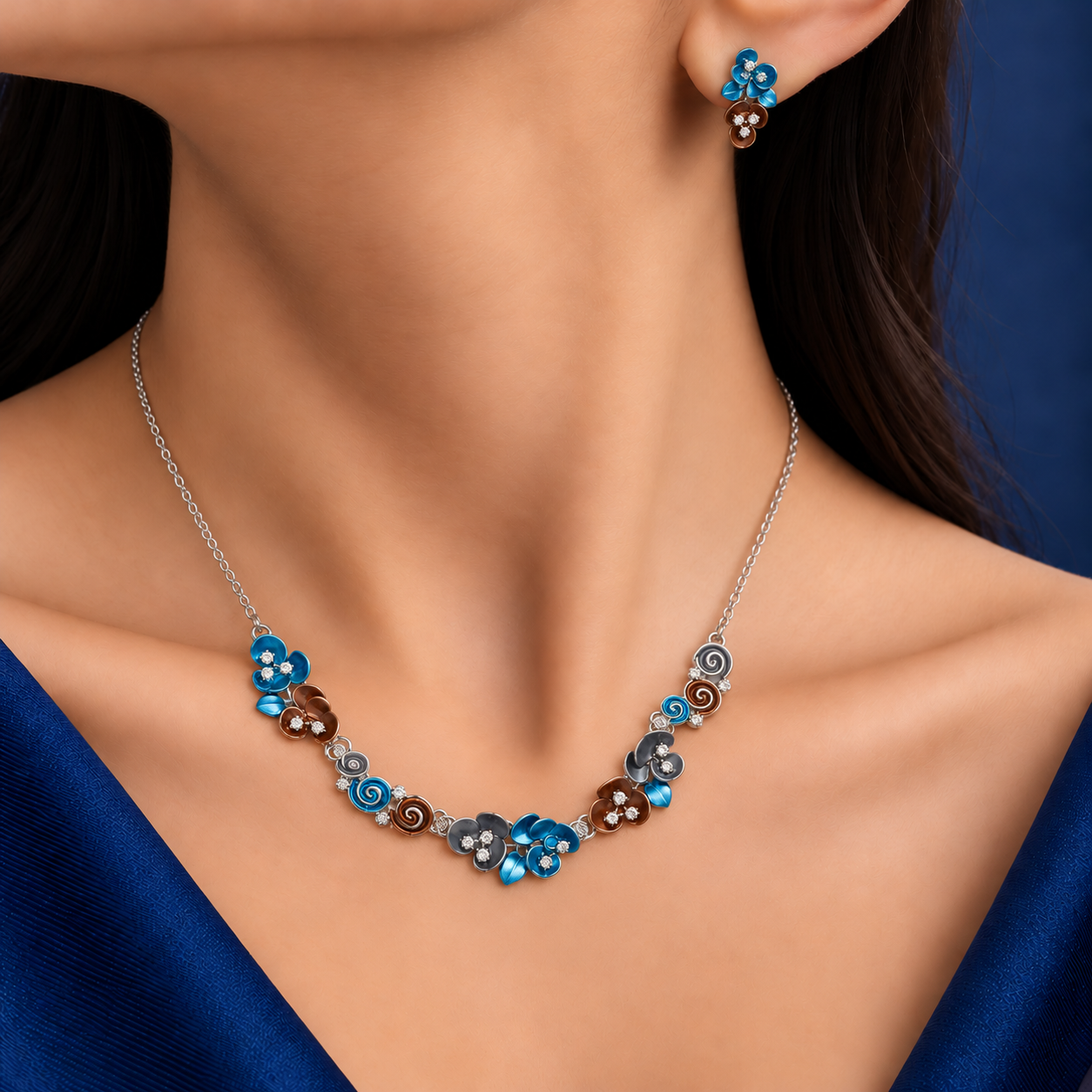 925 Silver Multicolor Floral Necklace & Earrings Set