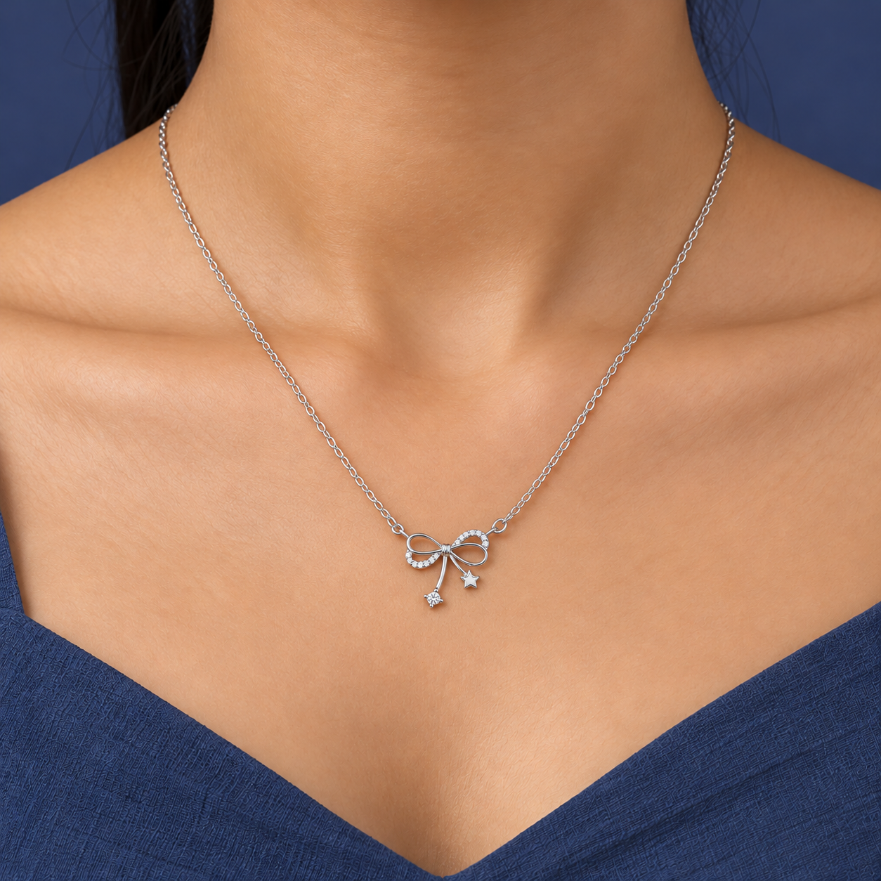 925 Silver Sparkling Bow & Star Charm Necklace