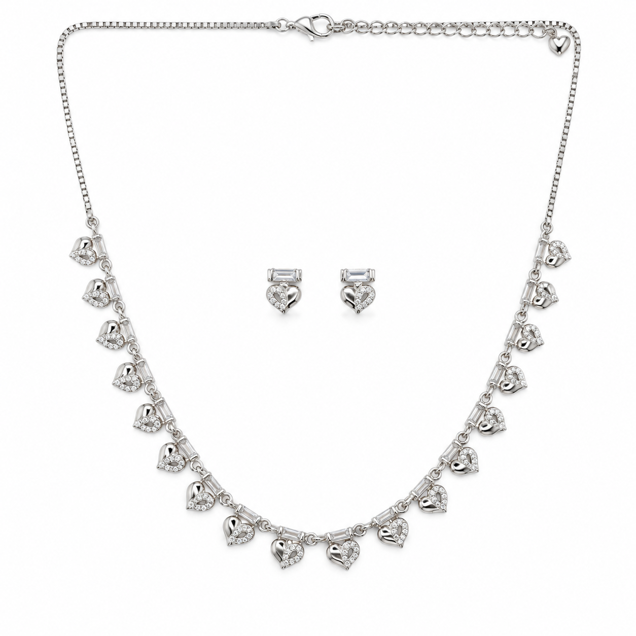 925 Silver Sparkling Heart Drop Necklace & Earrings Set