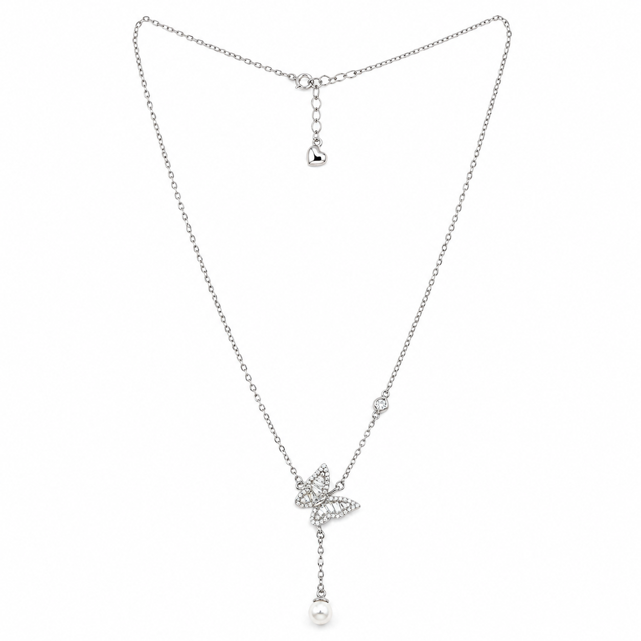 925 Silver Sparkling Butterfly Pearl Drop Necklace