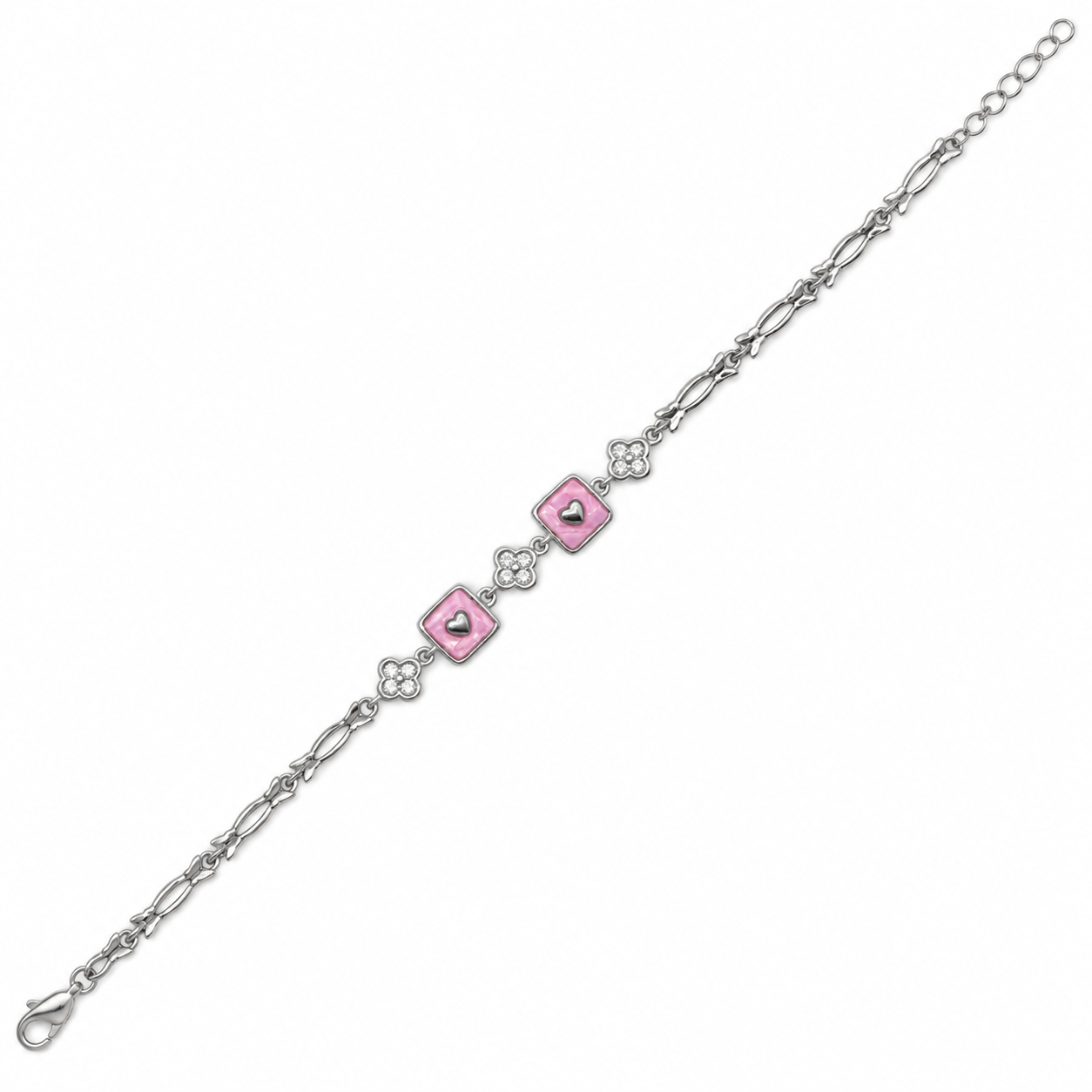925 Silver Pink Square Heart Charm Bracelet