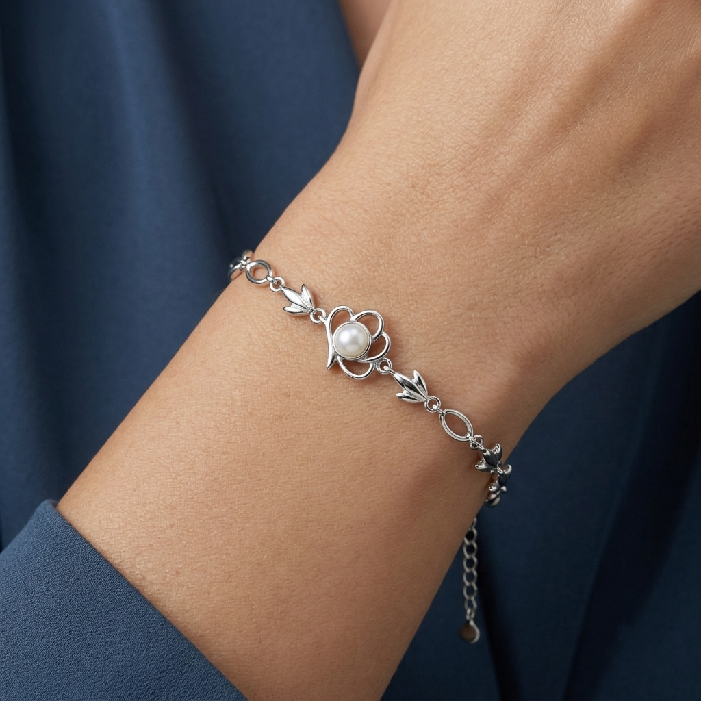 925 Silver Pearl Floral Link Bracelet