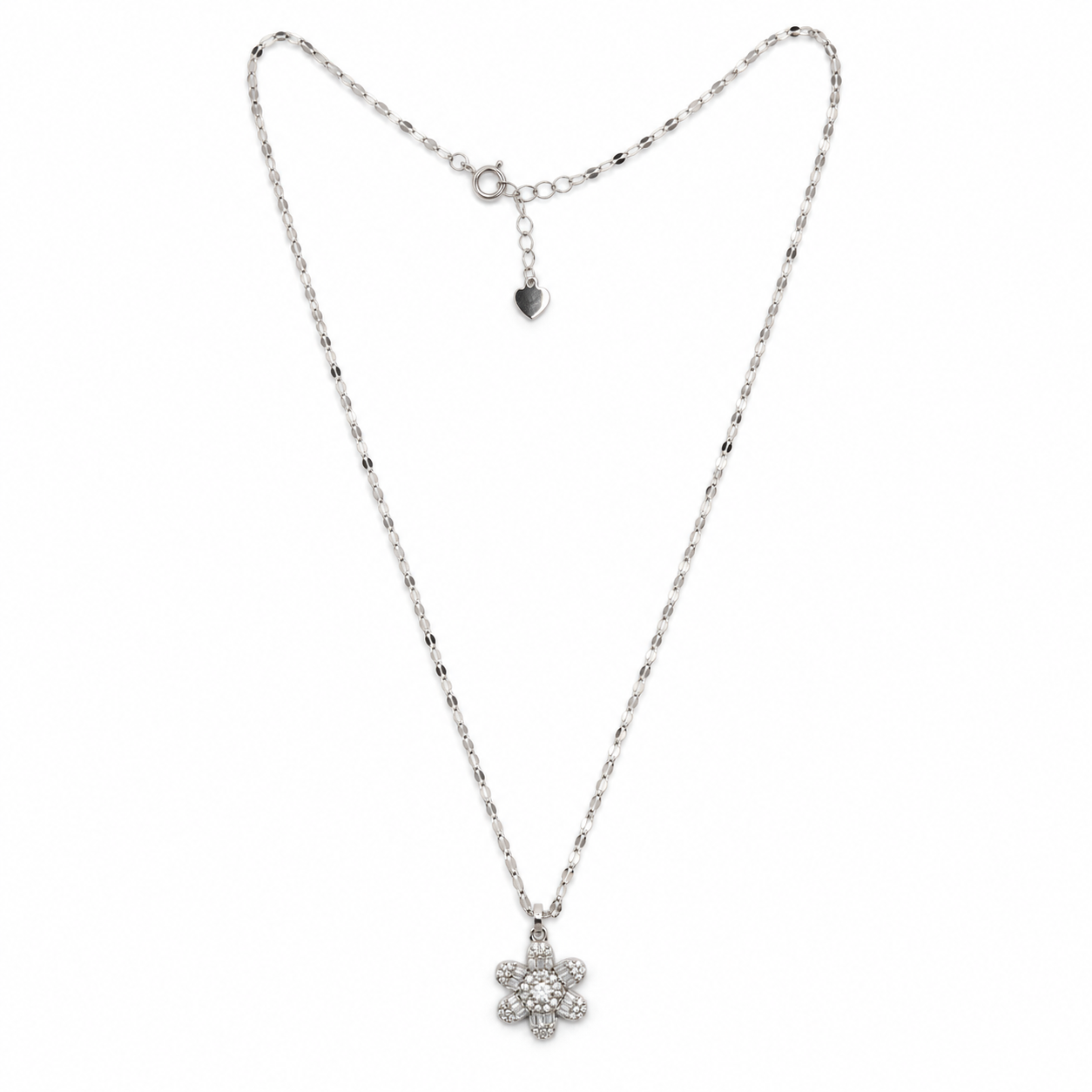 Elegant Silver Floral Stone Studded Chain Pendant Necklace