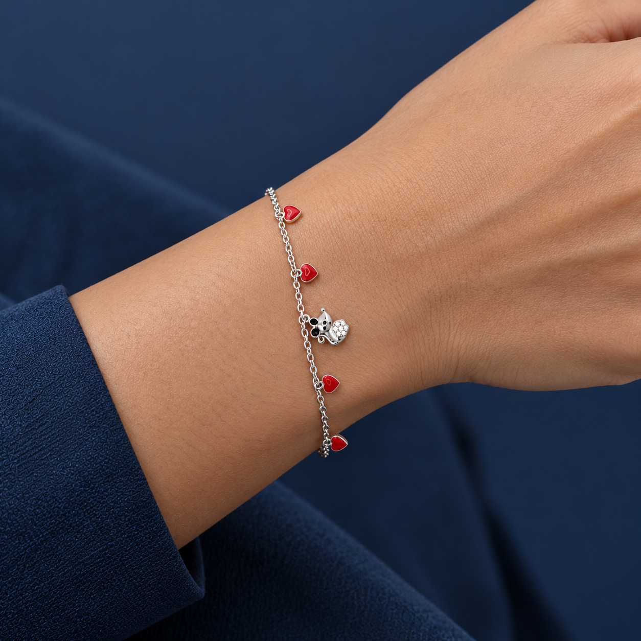 925 Silver Teddy Bear & Red Heart Charm Bracelet