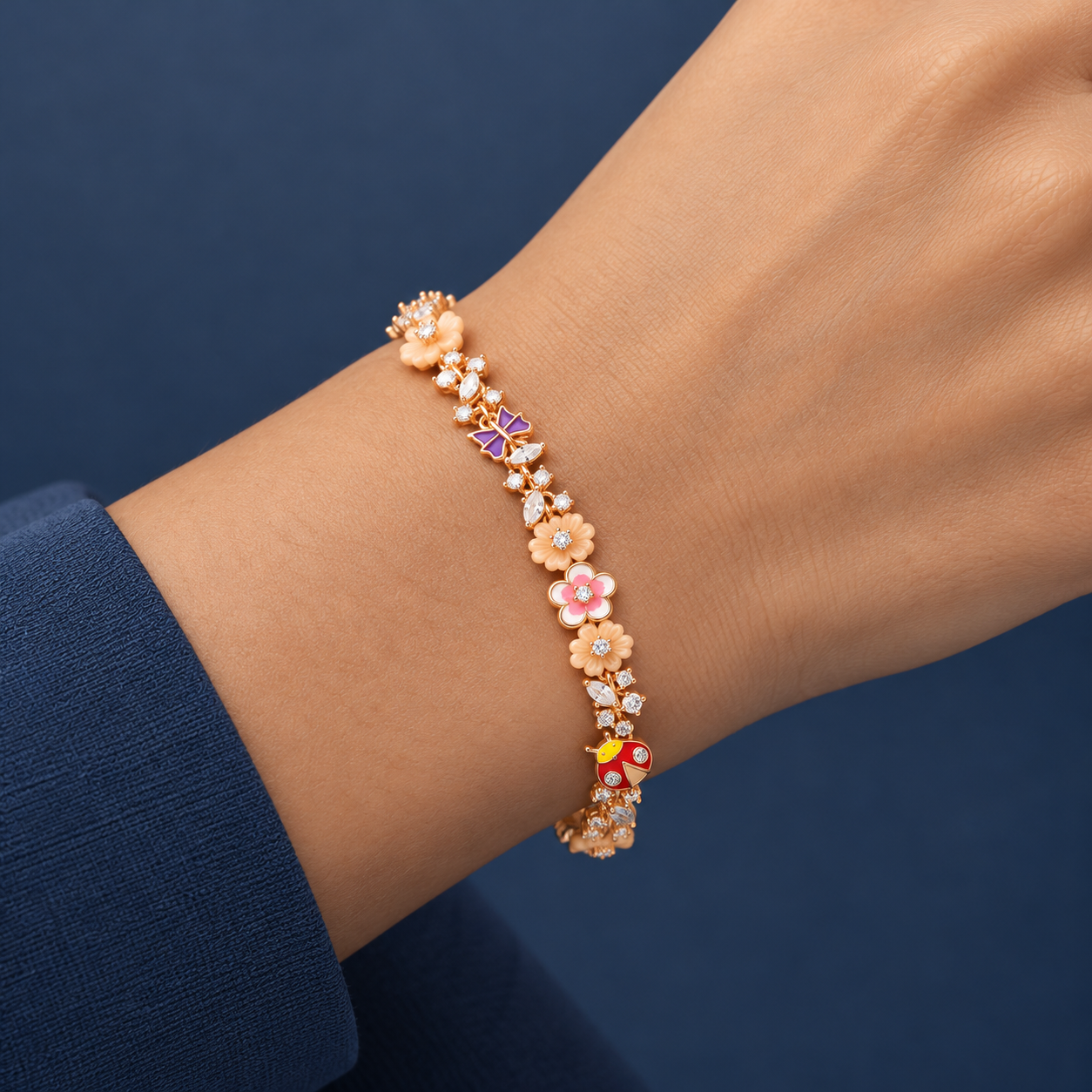 925 Silver Rose Gold Floral Charm Bracelet