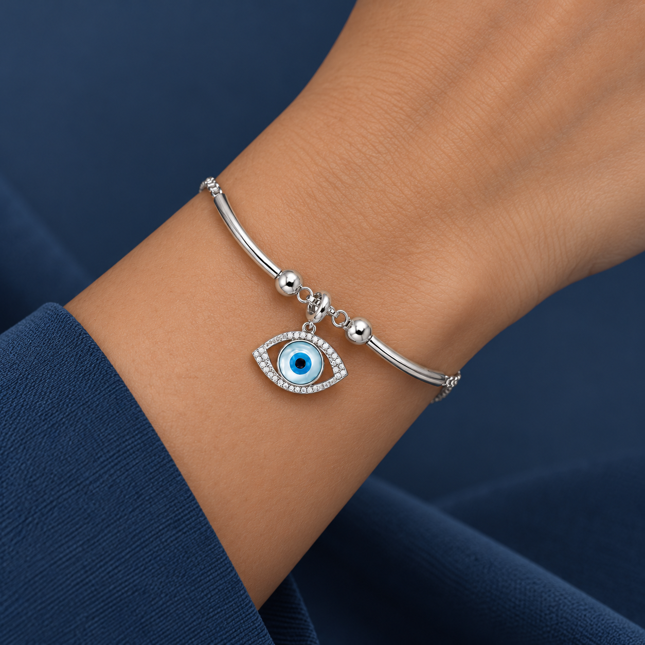 Sparkling Blue Evil Eye 925 Silver Kada Bracelet