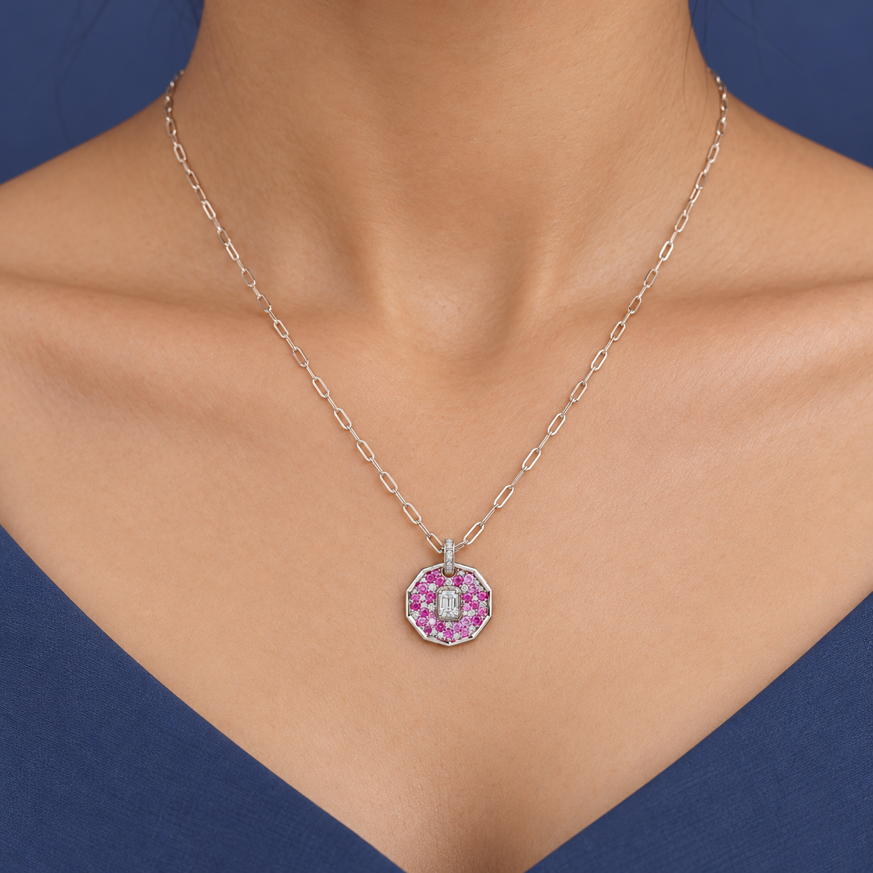 925 Silver Pink Stone Octagon Pendant Necklace