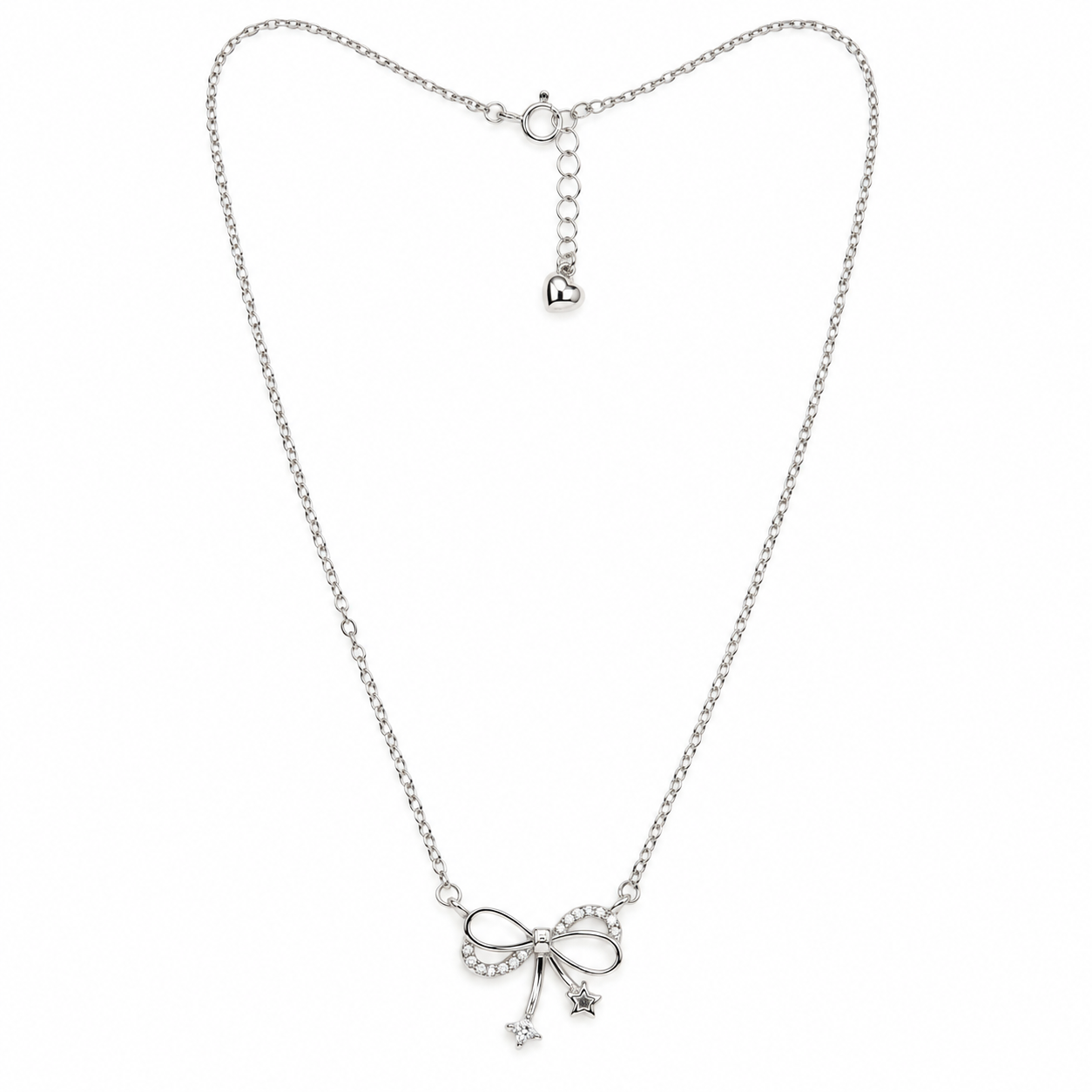 925 Silver Sparkling Bow & Star Charm Necklace