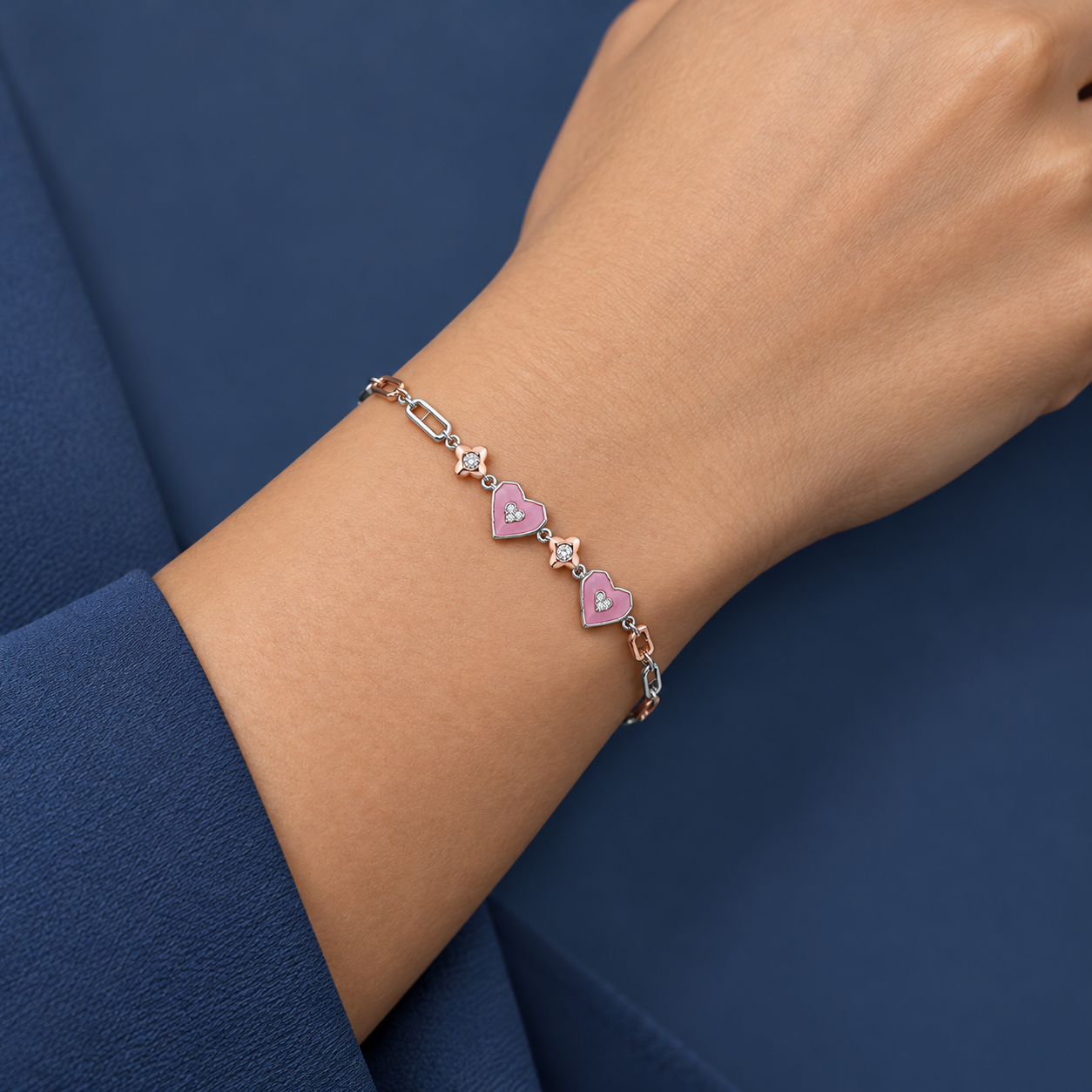 925 Silver Pink Heart & Star Charm Bracelet